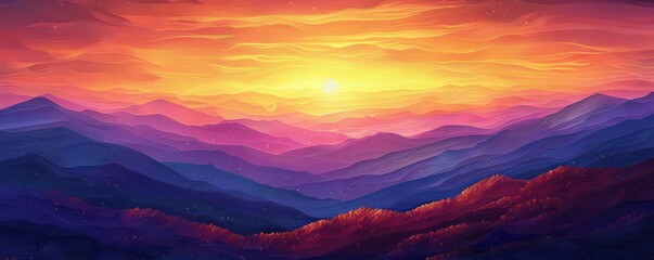 Fototapeta premium A breathtaking sunset over a vast expanse of rolling hills, painting the sky with hues of gold, orange, and purple.