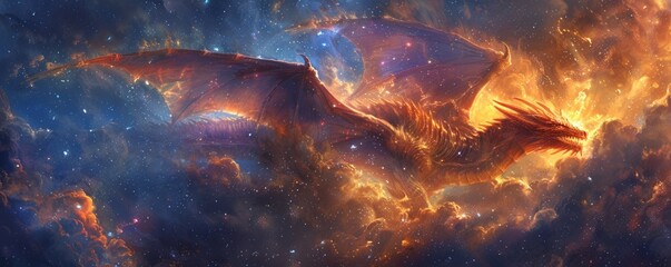 Naklejka premium A majestic dragon soaring through a starry sky, its scales shimmering with iridescent hues, breathing fire across the heavens.