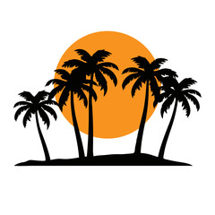Silhouette of palm trees against an orange sunset sky