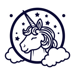 A unicorn head with a horn in a circular frame, surrounded by stars and clouds