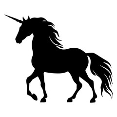 A black silhouette of a unicorn with a horn and flowing mane