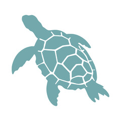 A simple geometric illustration of a sea turtle with a teal blue shell and white background