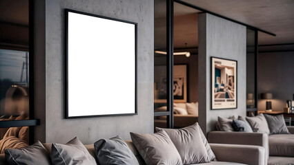 Mockup of a Frame in ISO A Paper Size. Poster Display on Living Room Wall. Mockup Featuring Interior with Home Setting. Contemporary Interior Styling. 3D Visualization.