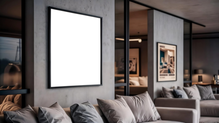 Mockup of a Frame in ISO A Paper Size. Poster Display on Living Room Wall. Mockup Featuring Interior with Home Setting. Contemporary Interior Styling. 3D Visualization.