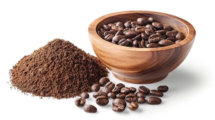 Obraz premium Flat lay of Roasted Coffee beans and ground coffee in wooden bowl isolated on white background. Clipping path.