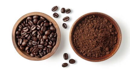 Flat lay of Roasted Coffee beans and ground coffee in wooden bowl isolated on white background. Clipping path.