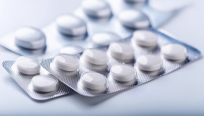 White and Blue Pills in Blister Packs on White Surface