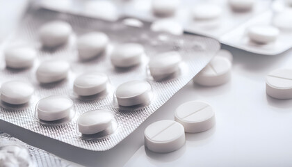 White and Blue Pills in Blister Packs on White Surface
