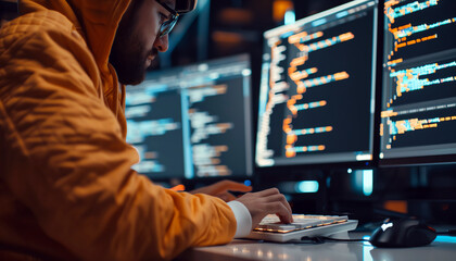 Casual Late-night Coding A person of color in a hoodie and sneakers working on a computer, surrounded by multiple screens displaying code. Working late concept. Image with copy space.