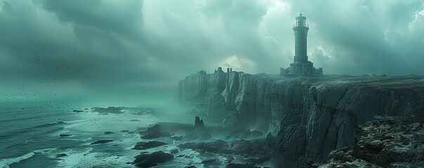 Fototapeta premium A solitary lighthouse stands sentinel on a rocky coastline, its beacon guiding ships safely through the treacherous waters below.