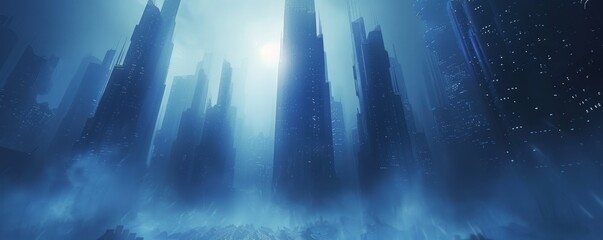 A futuristic city with massive skyscrapers.