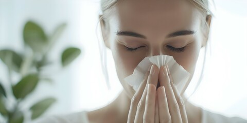 Woman with allergy blowing her nose due to symptoms. Concept Allergies, Woman, Blowing Nose, Health, Symptoms