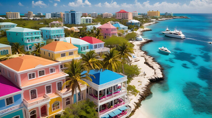 A vibrant scene in Nassau, Bahamas, captures a speedboat, the ocean, colorful residences, and a hotel under the summer sun