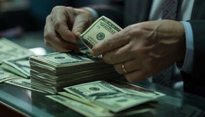 Experienced bank teller meticulously counting united states dollar banknotes on a table