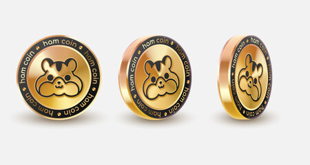Set hamster coin - ham cryptocurrency logo on white. Concept gold, golden coin with black. Vector illustration for card, business, design, flyer, poster, game klicker, banner, web, advertising