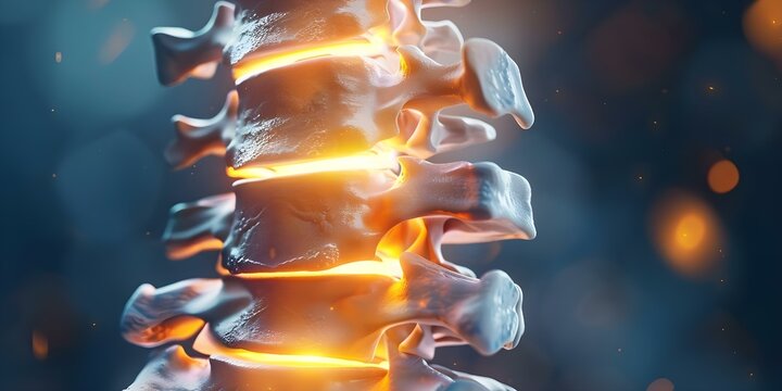 Side view medical illustration of human spine with bulging disc and nerve impingement. Concept Spine Anatomy, Bulging Disc, Nerve Impingement, Medical Illustration, Side View,