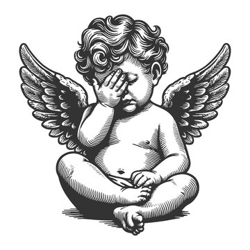 recommend clip art: cherub angel sitting with one hand covering its face, expressing frustration or disappointment sketch engraving generative ai raster illustration. Scratch board imitation. Black and white image.