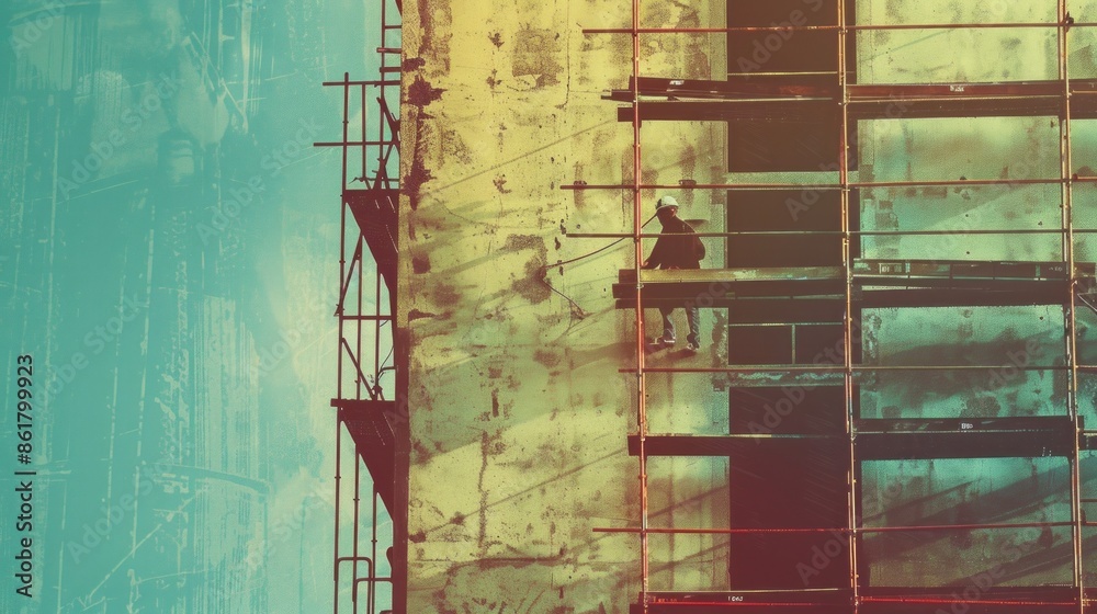 Poster A man is working on a building with scaffolding