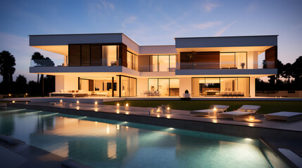 Fototapeta premium Luxury Modern House with Pool and Evening Sky