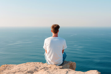A man in a white t-shirt sitting on the edge of a cliff, gazing at the vast, tranquil ocean.