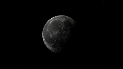 The moon in a gibbous phase against a starry black background of CGI image