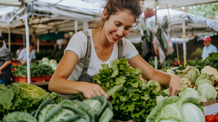 Caucasian woman with a joyful expression is selecting fresh green vegetables at a farmers market. She is surrounded by various produce and other shoppers, enjoying the lively atmosphere - Powered by Adobe