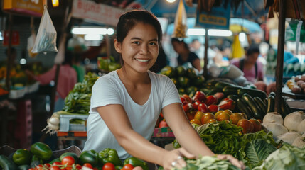 Obraz premium Asian woman with a joyful expression is selecting fresh green vegetables at a farmers market. She is surrounded by various produce and other shoppers, enjoying the lively atmosphere