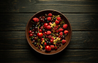 Vintage bowl on a dark table with ripe berries, currants, cherries, raspberries