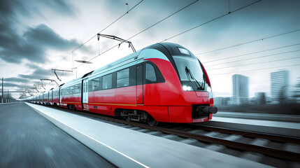 Fototapeta premium Red Train Moving Fast