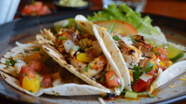 A mouthwatering dish of chicken tortilla, a perfect combination of grilled chicken, vegetables, and soft tortillas, served with a tangy salsa.