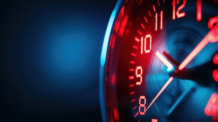 Fototapeta premium Closeup of Red and Blue Clock Face with Glowing Numbers and Hands