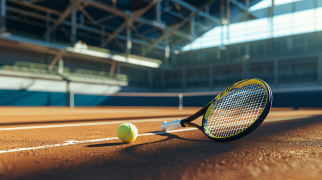 A tennis racket with a ball on the tennis court is ready for play.