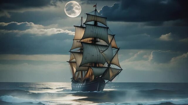 Clipper Ship on the Ocean Full Moon 4K features an A.I. generated video of an old ship sailing in the ocean with waves crashing and a full moon in a cloudy sky.