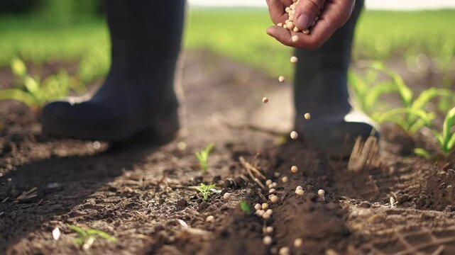 Agriculture. Hand planting a grain of soybeans. Farm man crop concept. Farmer planting a field of peas. Farmer planting soybeans lifestyle and peas field by. hand. agriculture business farm concept.