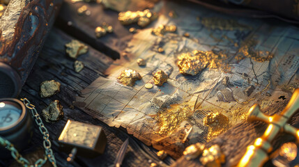 A treasure map with equipment for travel and gold nuggets is shown up close.