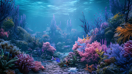 Naklejka premium A vibrant underwater scene features a coral reef teeming with algae. The backdrop is a serene blue, creating a sense of tranquility.