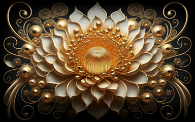 Magnificent bloom in golden and ivory hues with spiraling abstract designs on a dark backdrop. Grace and allure theme. Generated ai