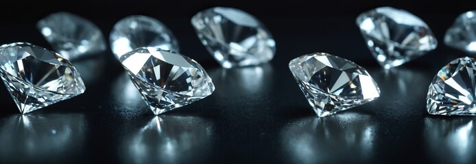 Fine cut diamonds on a black background. The perfection of precious stones for jewelry and a symbol of luxury. Wide banner, fashion concept, precious stones and jewelry and luxury