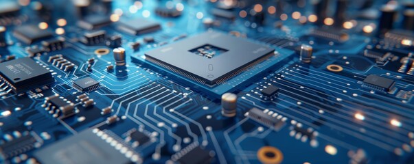 Detailed 3D rendering of a high-tech blue circuit board with a central processing unit