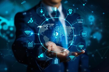 Businessman integrates digital network for seamless global communication in high quality image