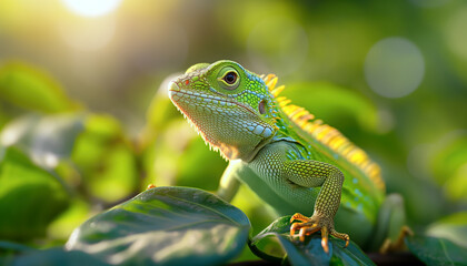 Fototapeta premium Green Lizard basking in the sunlight