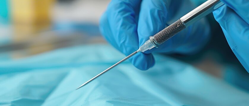 Close-up of gloved hand holding a medical needle.
