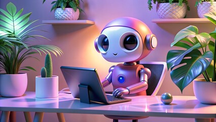 Robot with metallic body and luminous eyes sitting in front of the laptop surrounded with green plants. Modern technologies. Artificial Intelligence concept