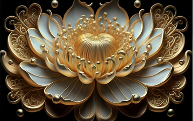 Magnificent bloom in golden and ivory hues with spiraling abstract designs on a dark backdrop. Grace and allure theme. Generated ai