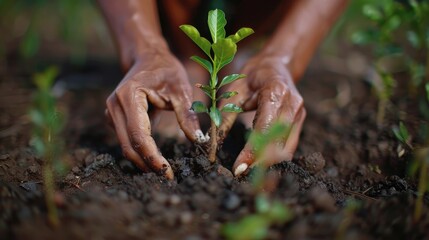 Close-up of hands planting a sapling in rich soil, symbolizing growth, sustainability, and environmental care.