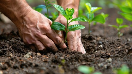 Close-up of hands planting a sapling in rich soil.