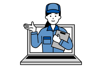 オンラインサポートをするつなぎ作業服の女性