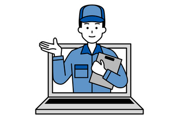 オンラインサポートをするつなぎ作業服の男性