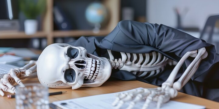 Exhausted skeleton in suit at desk working overtime in office. Concept Skeleton at a Desk, Overtime Work, Exhausted Employee, Office Burnout, Work Stress