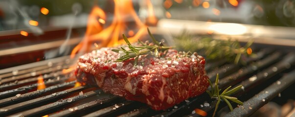 A piece of meat is being cooked on a grill, with a lot of smoke coming off of it. The meat is seasoned with salt and pepper, and there are some herbs on top of it. Free copy space for text.